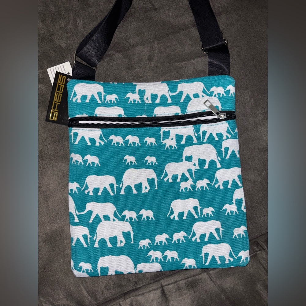 🐘 3 Pocket Blue Elephant Print Crossbody Bag